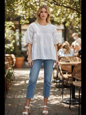 Caslon White Ramie Blend Blouse M Lace Trim Boho Cottagecore Top